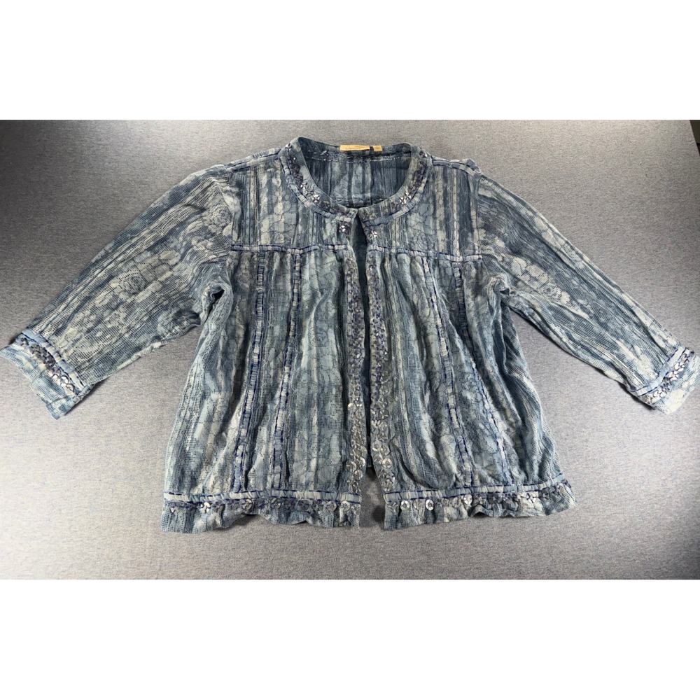 Choices Vintage Blue Cotton Open Weave Sequin Ruffle Cardigan Jacket Large